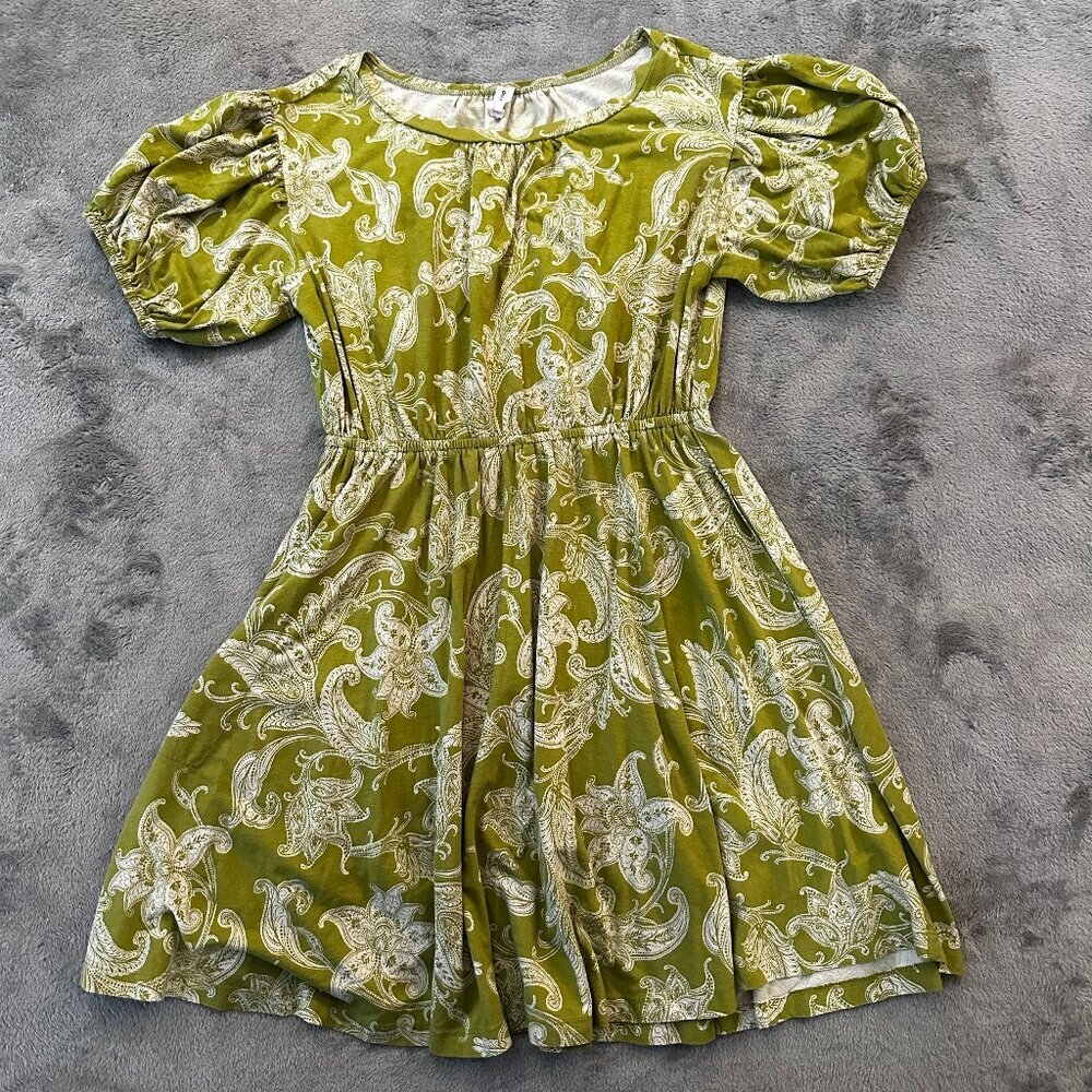 Daily Practice Green Paisley Dress SMALL Puffed Short Sleeves Pockets Cotton